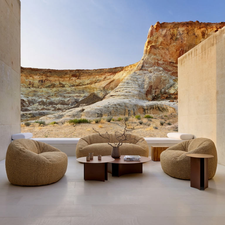 Dolly setting van Roolf-Living op een terras met de avondzon met zicht op een canyon